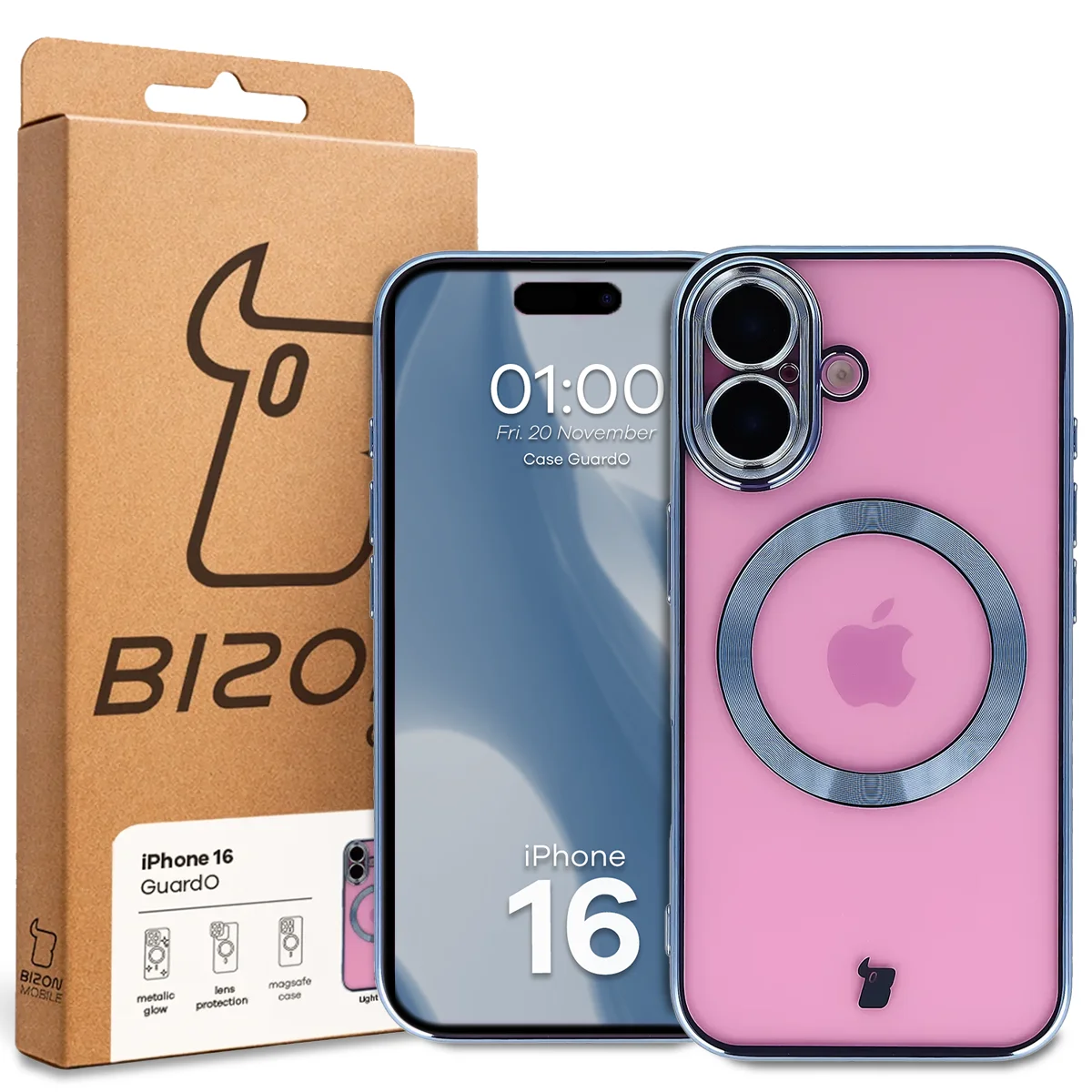 Przód pudełka Bizon Case z dedykowaną etykietą do Apple iPhone 16