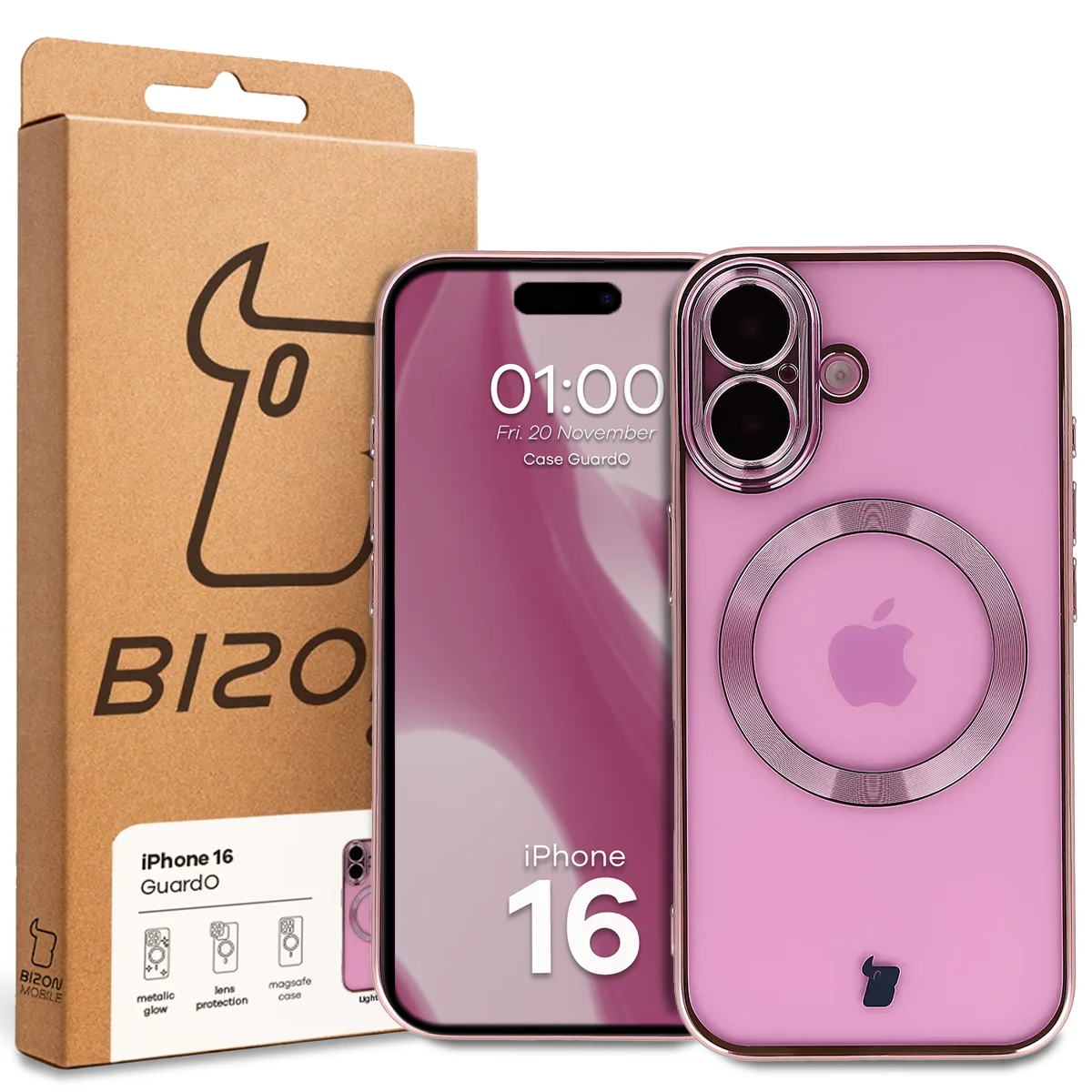 Przód pudełka Bizon Case z dedykowaną etykietą do Apple iPhone 16