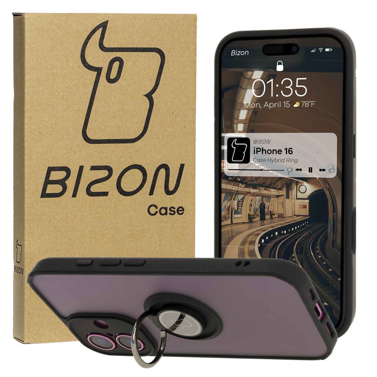 Husă cu suport pentru deget Bizon Case Hybrid Ring pentru Apple iPhone 16