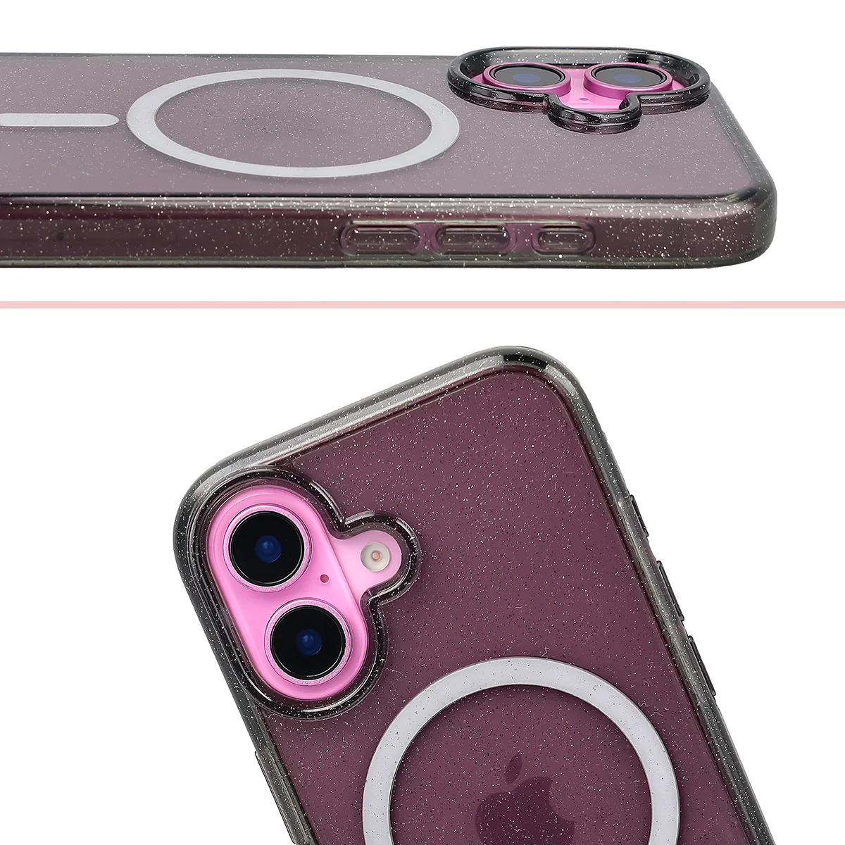 Erhöhte Kanten der Kamera und großer Ausschnitt im Etui Bizon Case SparklO für Apple iPhone 16