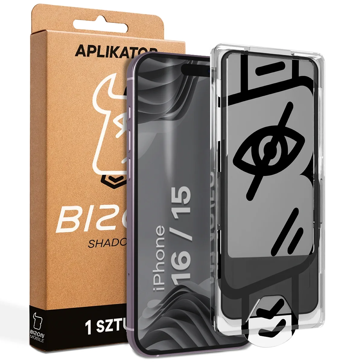 Privacy glass with applicator Bizon Glass Applicator Shadow for Apple iPhone 15 / Apple iPhone 16