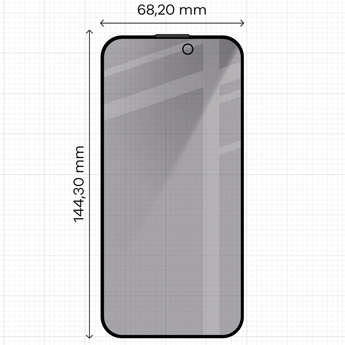 Glass dimensions on a ruler for Apple iPhone 15 / Apple iPhone 16