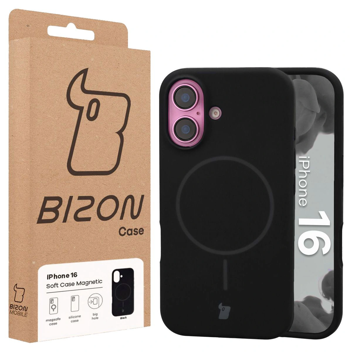 Przód pudełka Bizon Case z dedykowaną etykietą do Apple iPhone 16