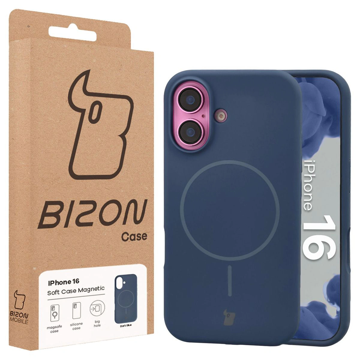 Przód pudełka Bizon Case z dedykowaną etykietą do iPhone 16