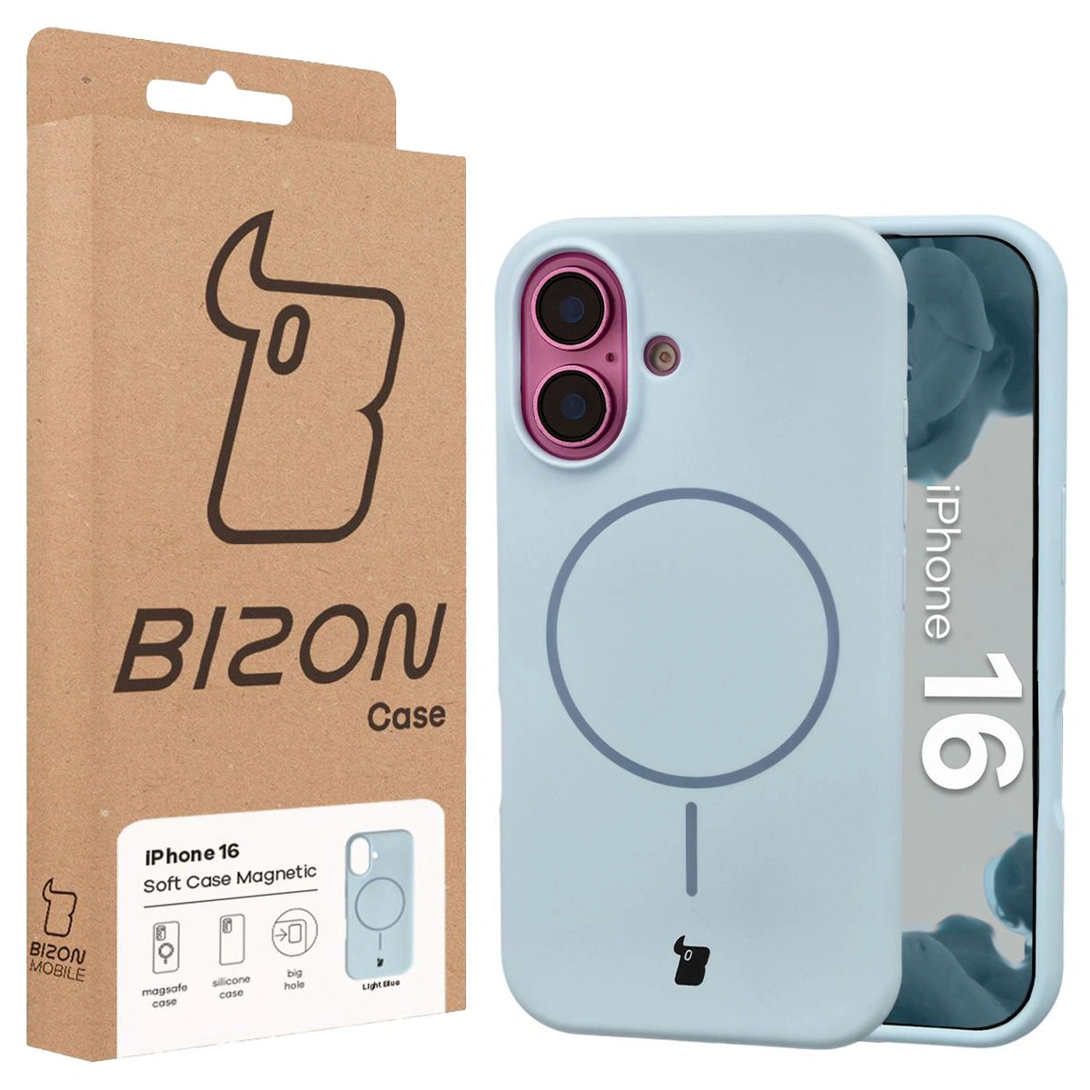 Przód pudełka Bizon Case z dedykowaną etykietą do Apple iPhone 16