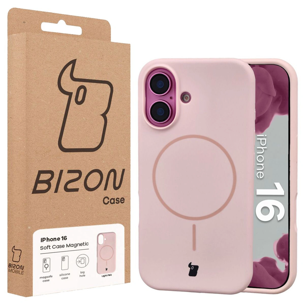Przód pudełka Bizon Case z dedykowaną etykietą do Apple iPhone 16
