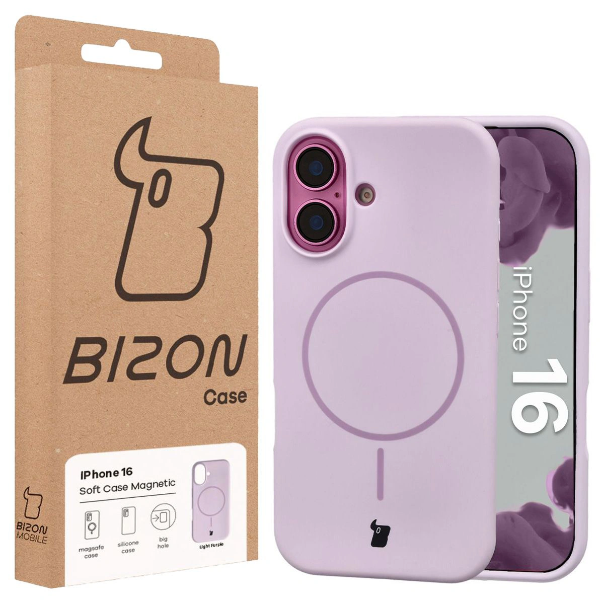 Przód pudełka Bizon Case z dedykowaną etykietą do Apple iPhone 16