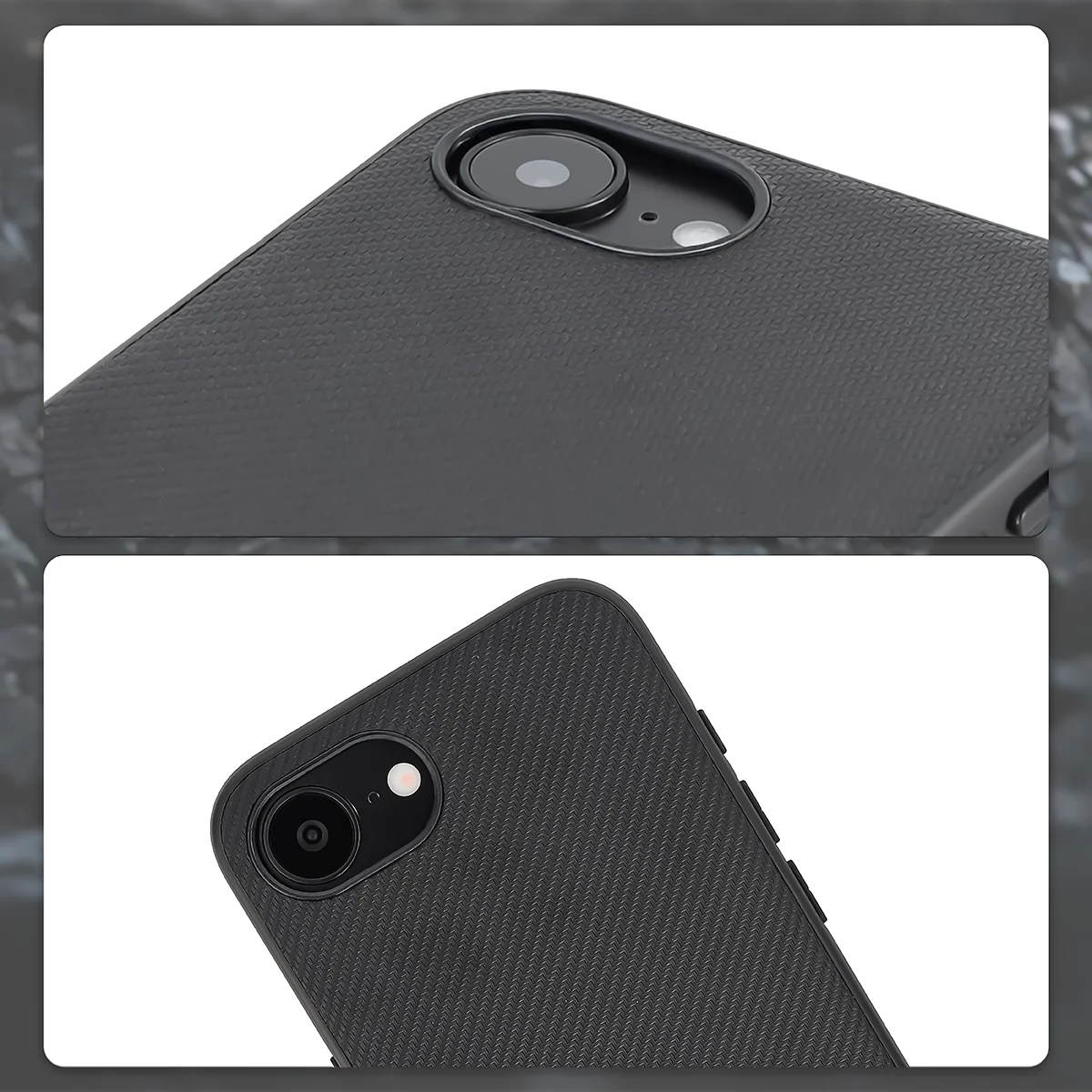 Zvýšené okraje fotoaparátu a výřez na fotoaparát v pouzdru Bizon Case CarbO pro Apple iPhone 17e /  Apple iPhone 16e