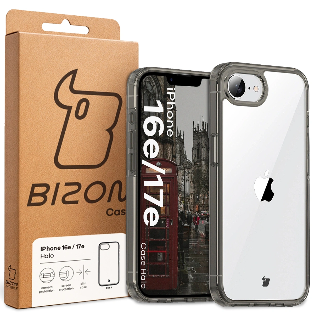 Fața cutiei Bizon Case cu etichetă dedicată pentru Apple iPhone 16e