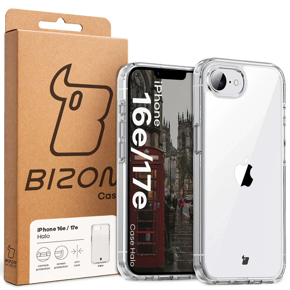 Front of the Bison Case box with a dedicated label for Apple iPhone 16e