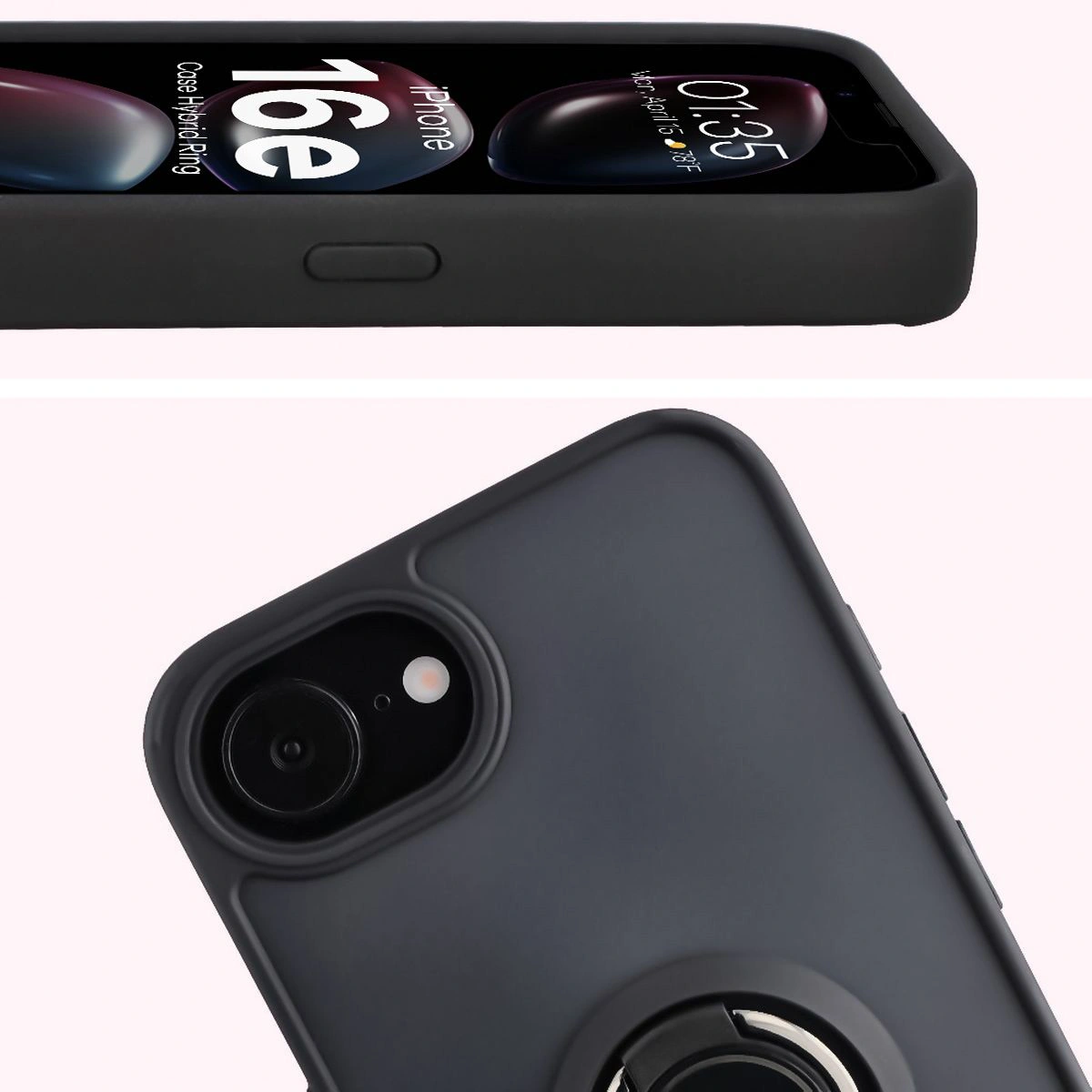 Zbliżenie na podwyższone krawędzie przy wyświetlaczu i wyspie aparatu w etui Bizon Hybrid Ring do Apple iPhone 16e