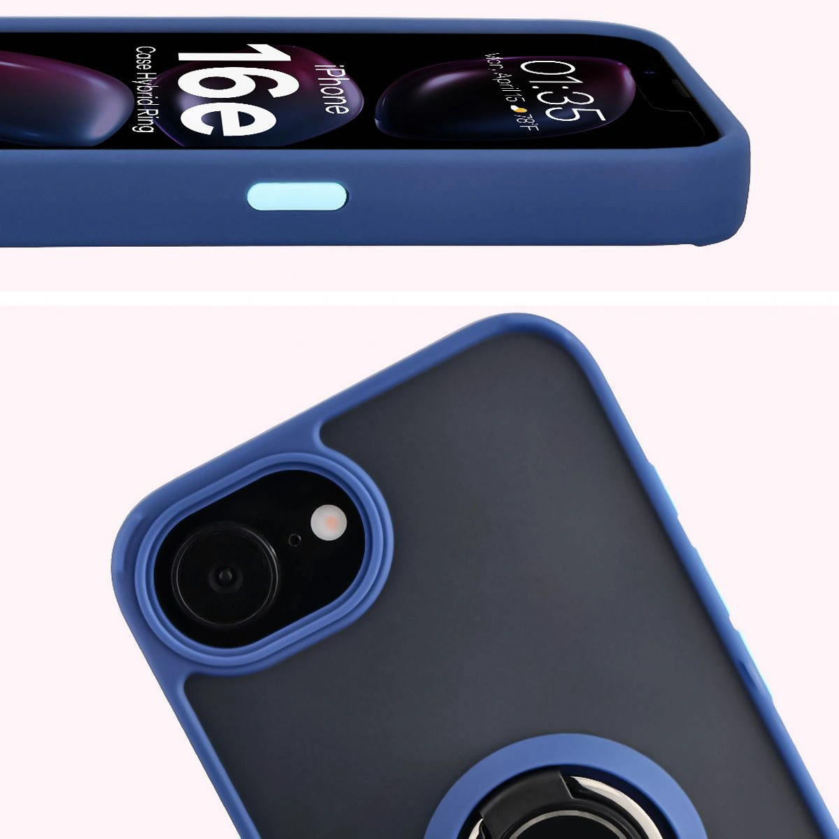 Zbliżenie na podwyższone krawędzie przy wyświetlaczu i wyspie aparatu w etui Bizon Hybrid Ring do Apple iPhone 16e