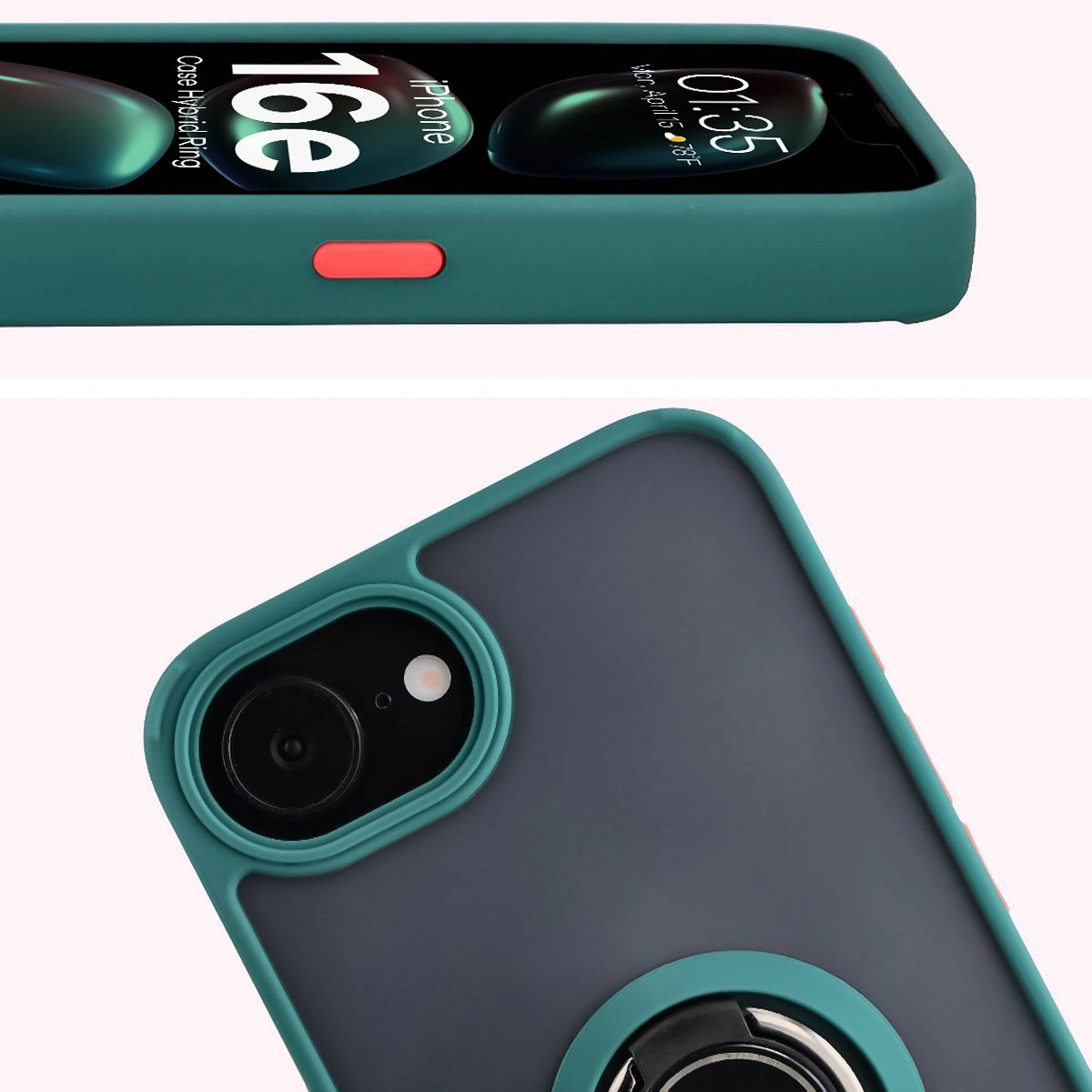 Zbliżenie na podwyższone krawędzie przy wyświetlaczu i wyspie aparatu w etui Bizon Hybrid Ring do Apple iPhone 16e