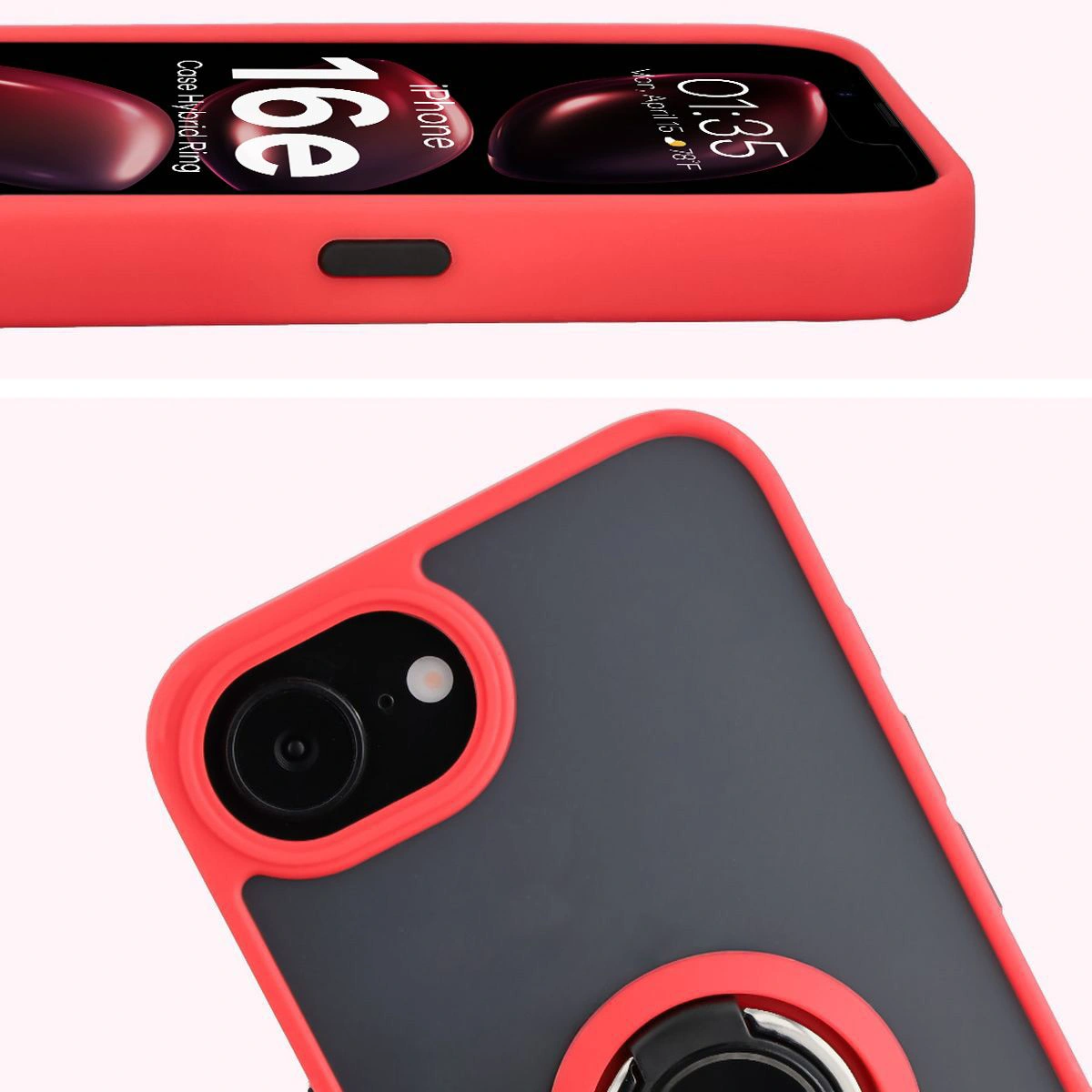 Zbliżenie na podwyższone krawędzie przy wyświetlaczu i wyspie aparatu w etui Bizon Hybrid Ring do Apple iPhone 16e