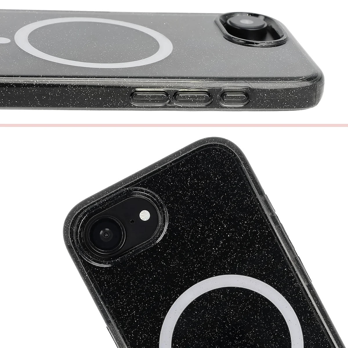 Podwyższone krawędzie aparatu i duże wycięcie w etui Bizon Case SparklO do Apple iPhone 17e /  Apple iPhone 16e