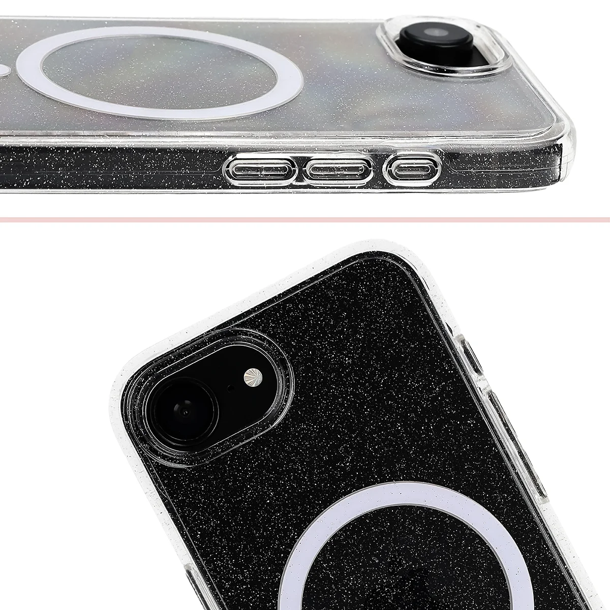 Podwyższone krawędzie aparatu i duże wycięcie w etui Bizon Case SparklO do Apple iPhone 17e /  Apple iPhone 16e