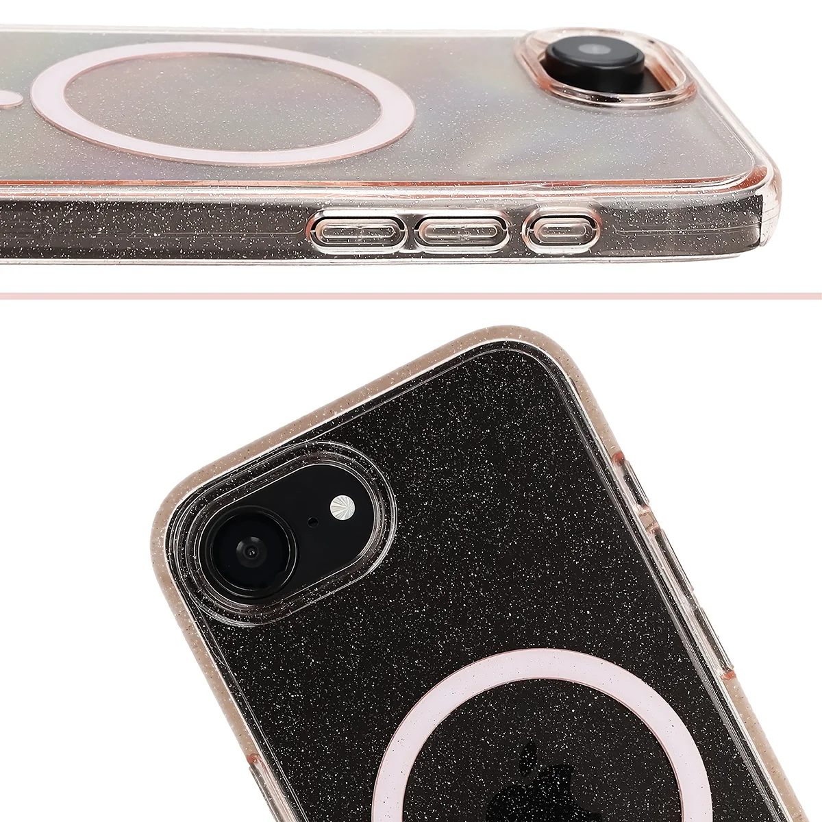 Podwyższone krawędzie aparatu i duże wycięcie w etui Bizon Case SparklO do Apple iPhone 17e /  Apple iPhone 16e