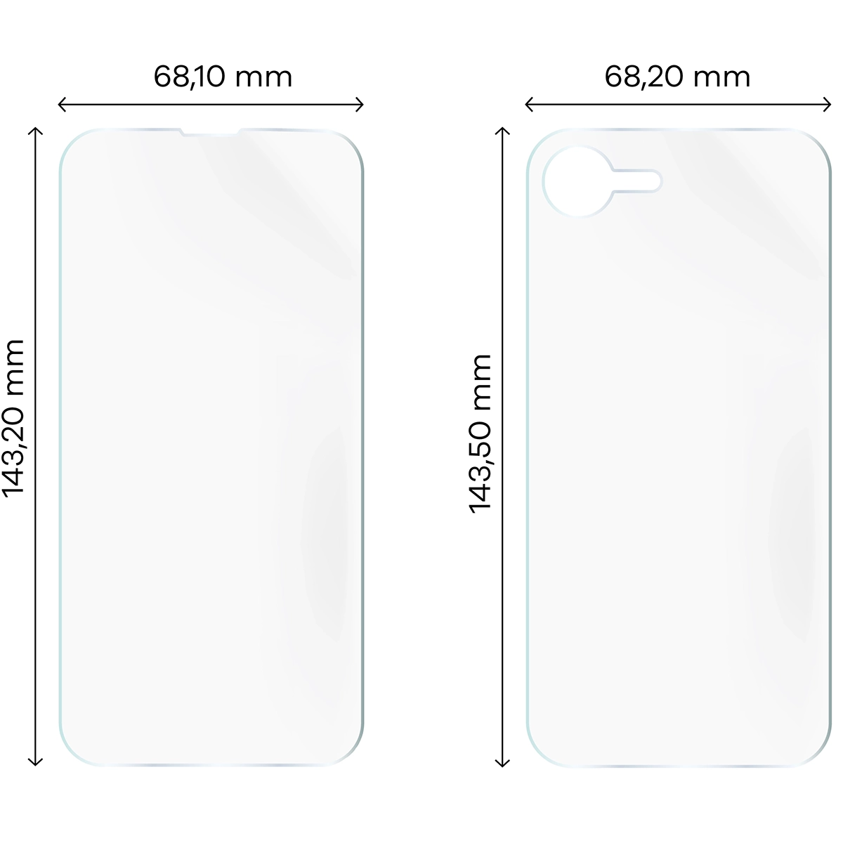 Wymiary dla folii hydrożelowej na plecki, mniejszy oraz większy wyświetlacz telefonu Bizon Glass Hydrogel Pack do Apple iPhone 16e