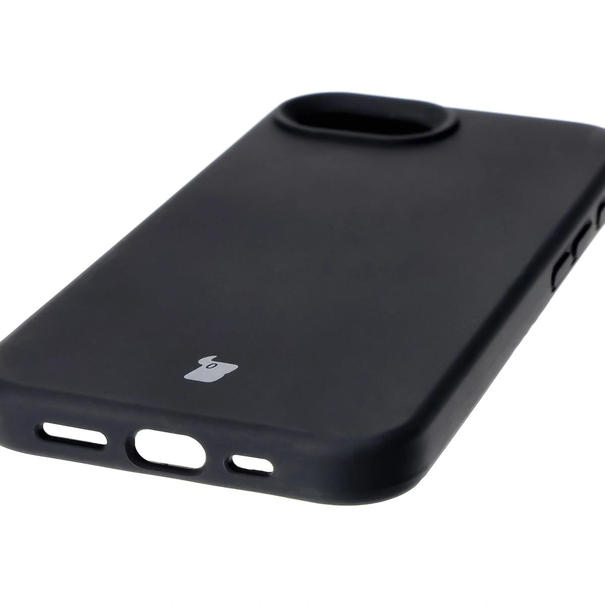 Close-up of precise cutouts and wireless charging capability in the Bison Soft Case for Apple iPhone 16e