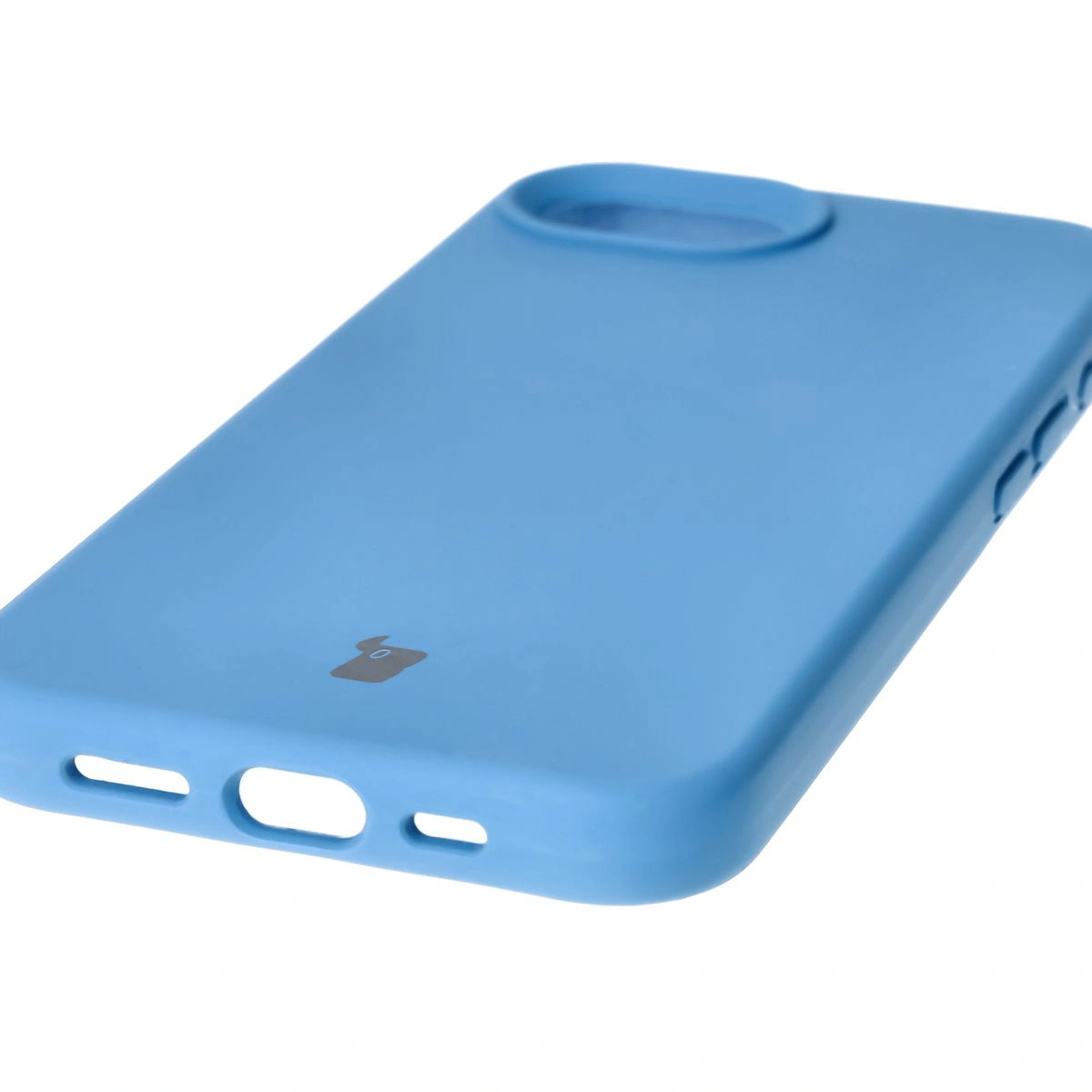 Close-up of precise cutouts and wireless charging capability in the Bizon Soft Case for Apple iPhone 16e