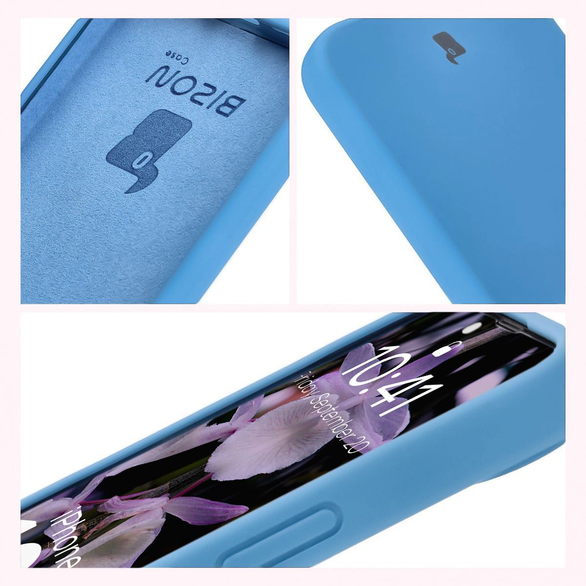 Construction of the Bizon Soft Case: integrated covers, raised edges, and microfiber lining for Apple iPhone 16e
