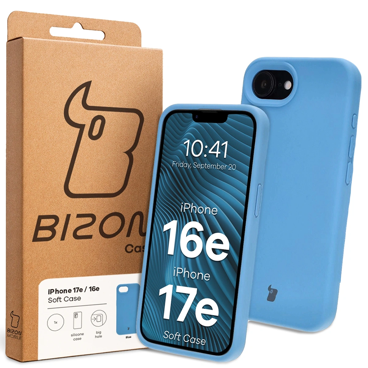 Front of the Bizon Case box with a dedicated label for Apple iPhone 16e