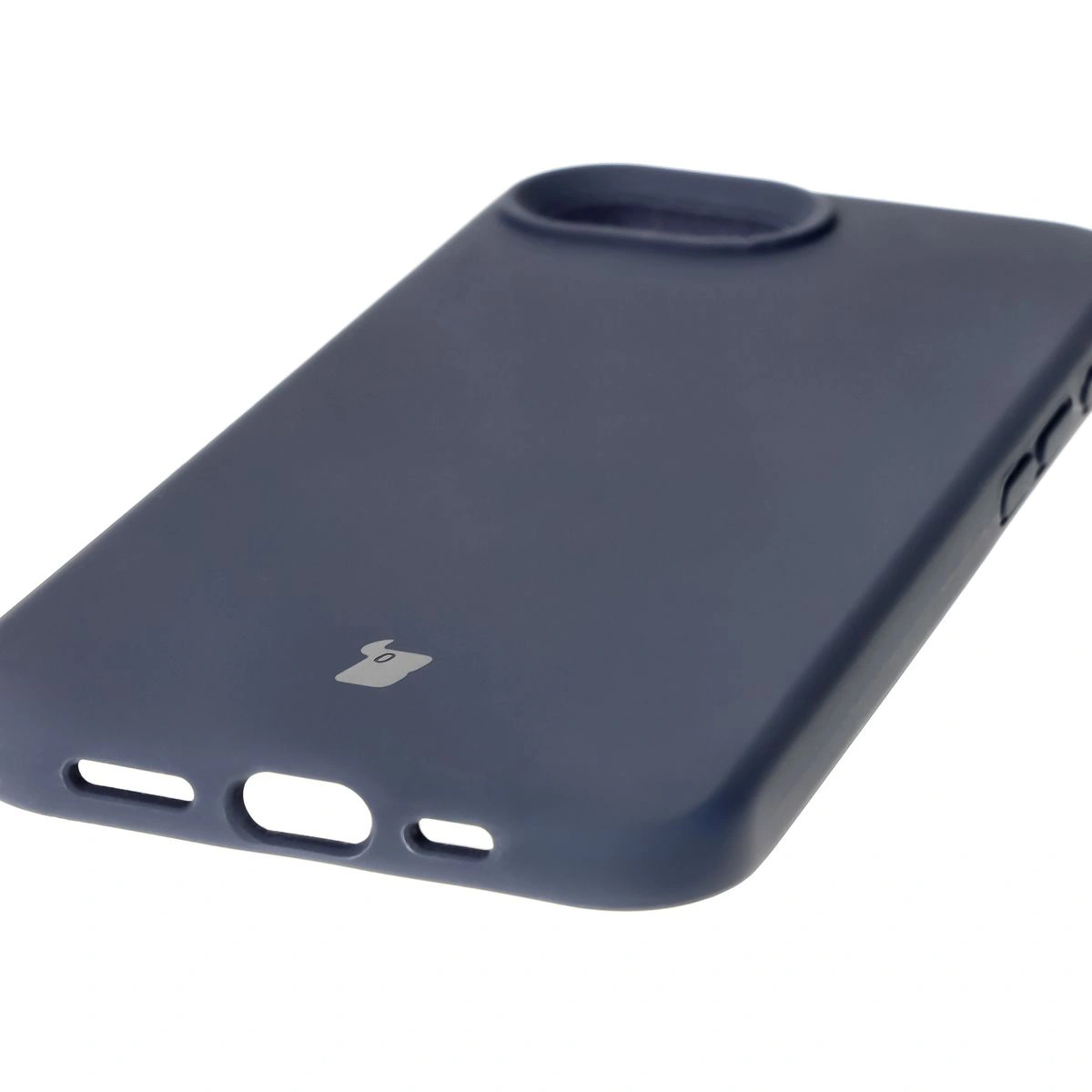 Close-up of precise cutouts and wireless charging capability in the Bison Soft Case for Apple iPhone 16e