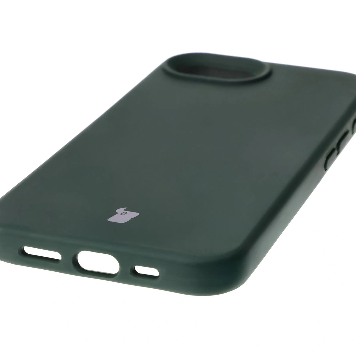 Close-up of precise cutouts and wireless charging capability in the Bison Soft Case for Apple iPhone 16e