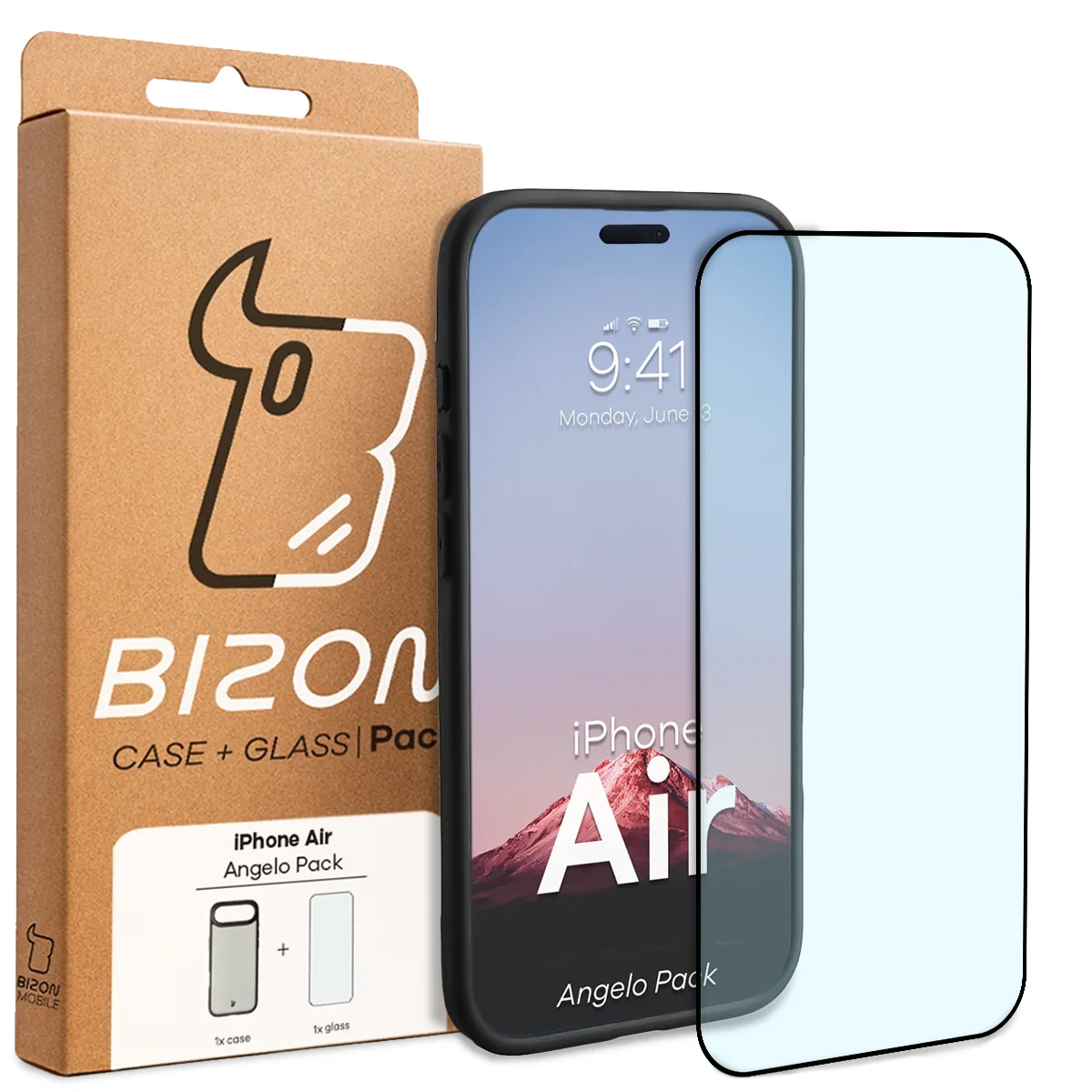 Przód pudełka Bizon Case Angelo Pack z dedykowaną etykietą do Apple iPhone Air