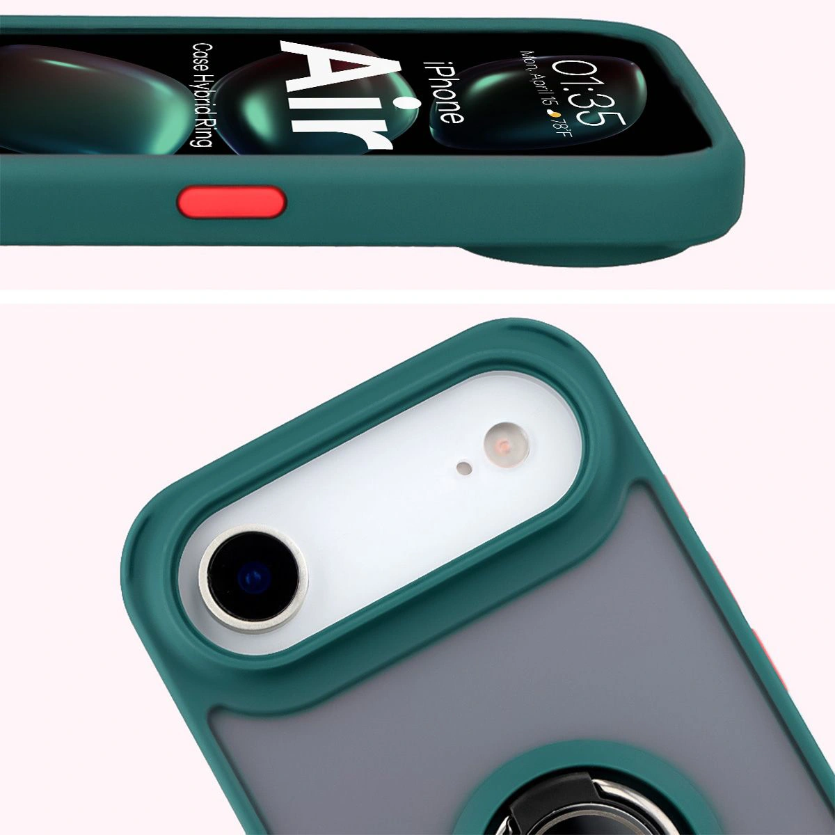 Prim-plan pe margini ridicate lângă ecran și insula camerei în husă Bizon Hybrid Ring pentru Apple iPhone 17 Air