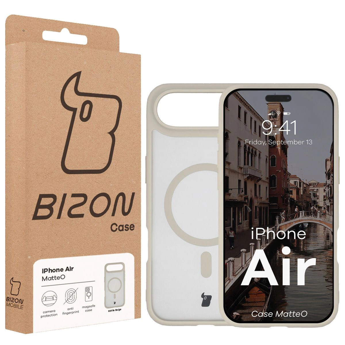Przód pudełka Bizon Case z dedykowaną etykietą do Apple iPhone 17 Air