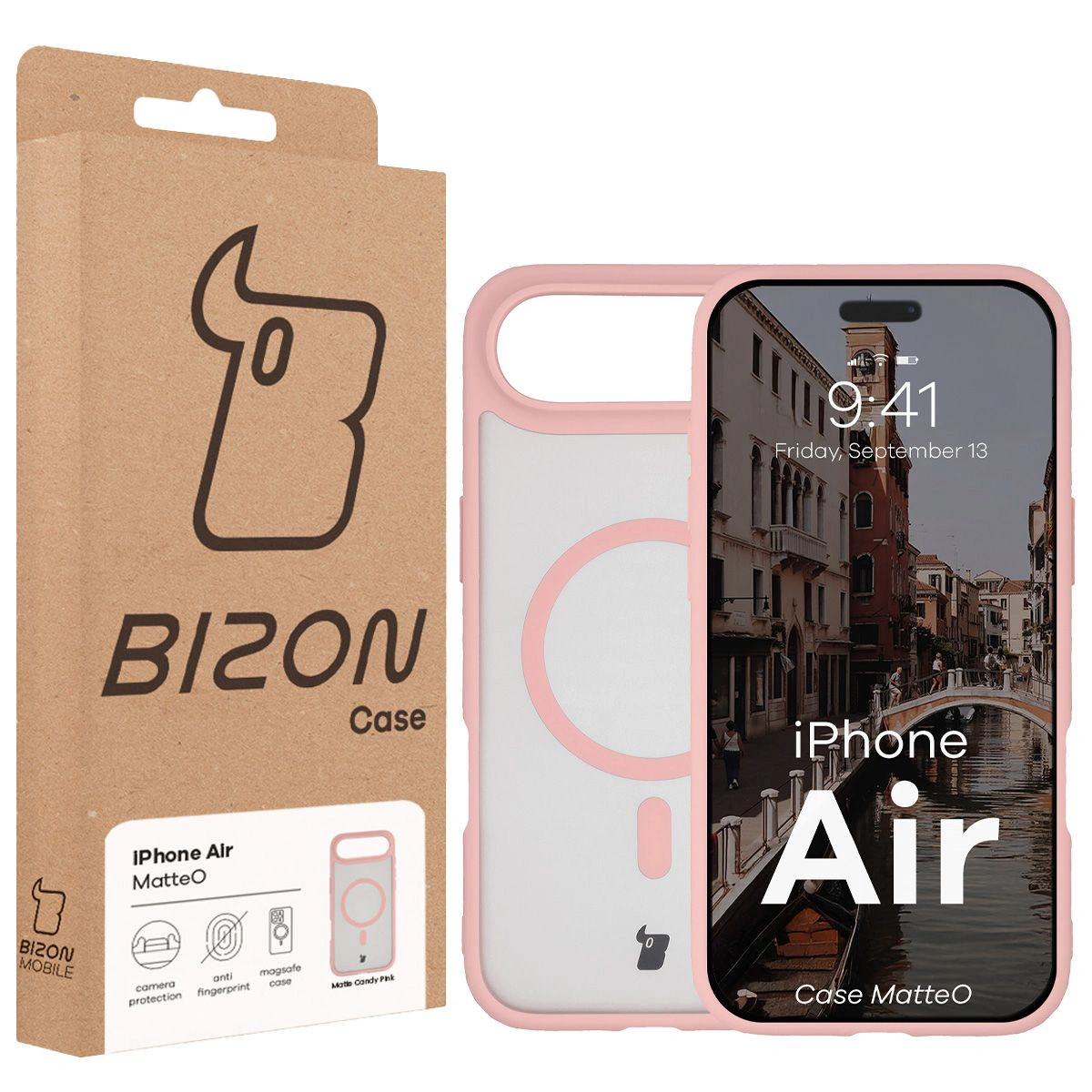 Przód pudełka Bizon Case z dedykowaną etykietą do Apple iPhone 17 Air