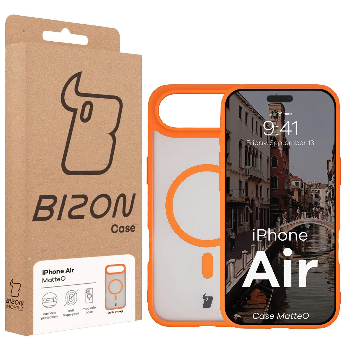 Przód pudełka Bizon Case z dedykowaną etykietą do Apple iPhone 17 Air