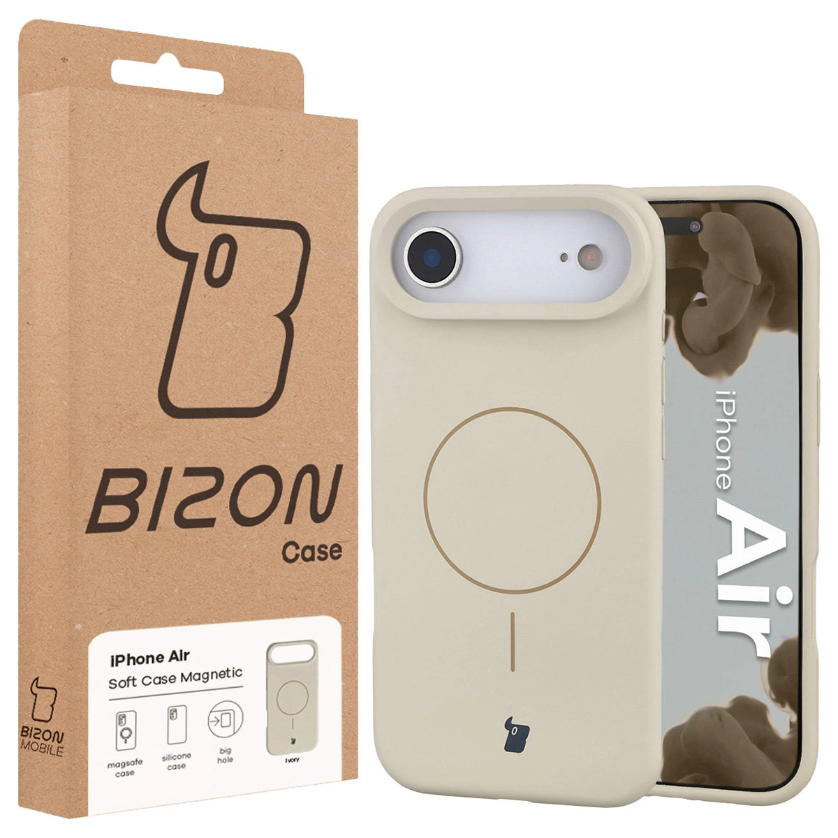 Przód pudełka Bizon Case z dedykowaną etykietą do Apple iPhone Air
