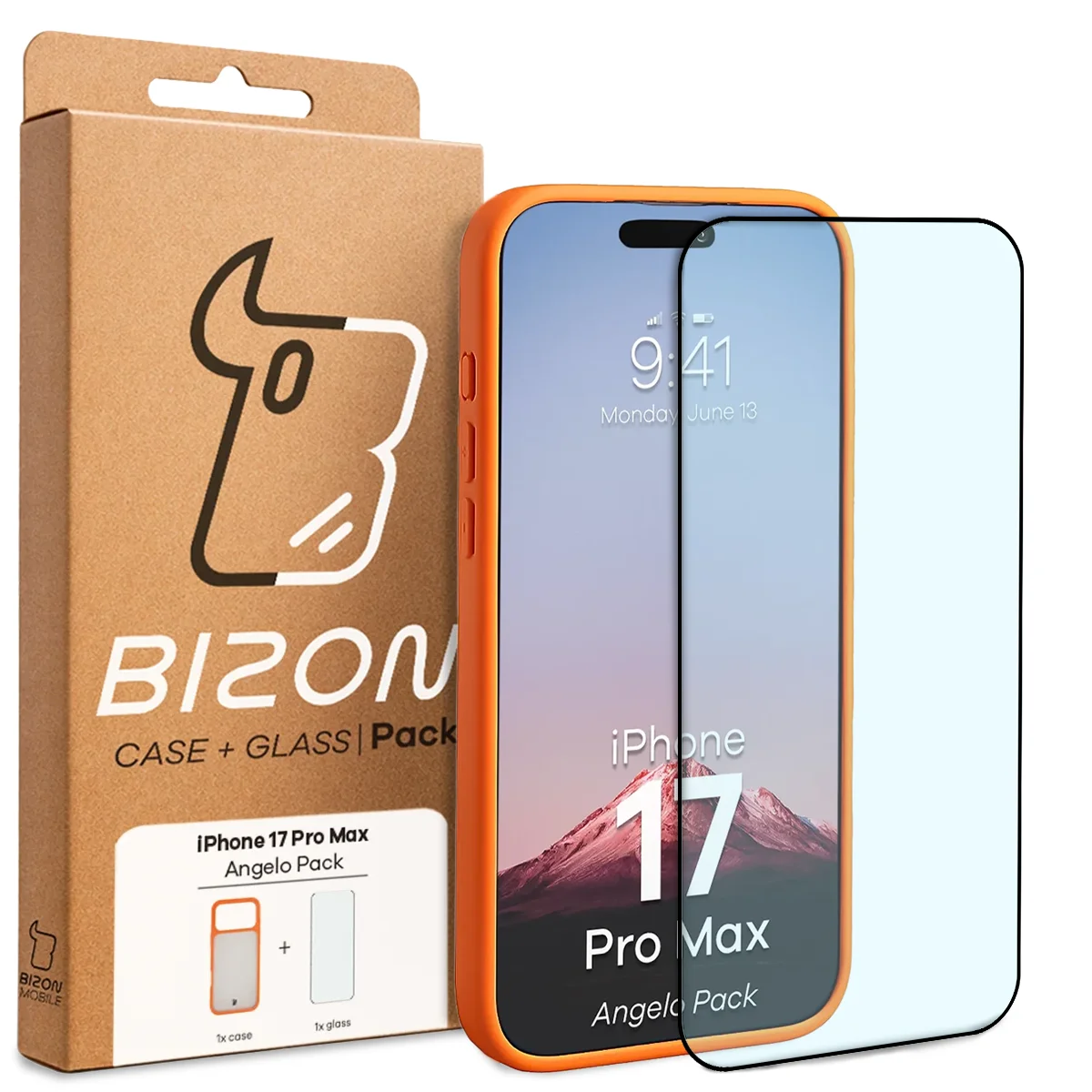 Przód pudełka Bizon Case Angelo Pack z dedykowaną etykietą do Apple iPhone 17 Pro Max