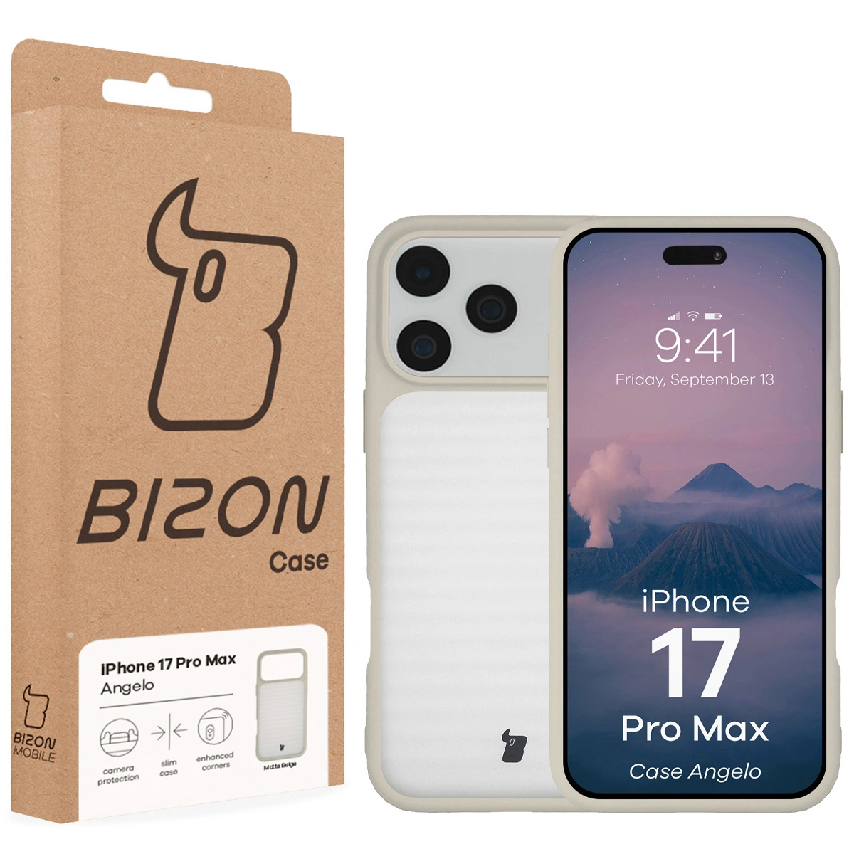 Fața cutiei Bizon Case cu eticheta dedicată pentru Apple iPhone 17 Pro Max