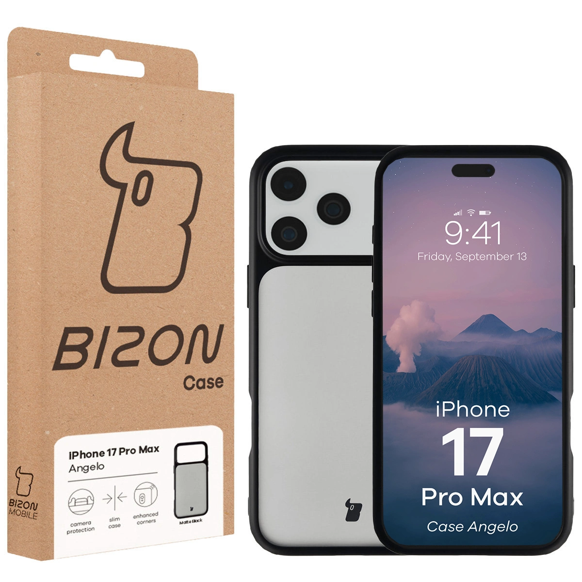 Fața cutiei Bizon Case cu eticheta dedicată pentru Apple iPhone 17 Pro Max