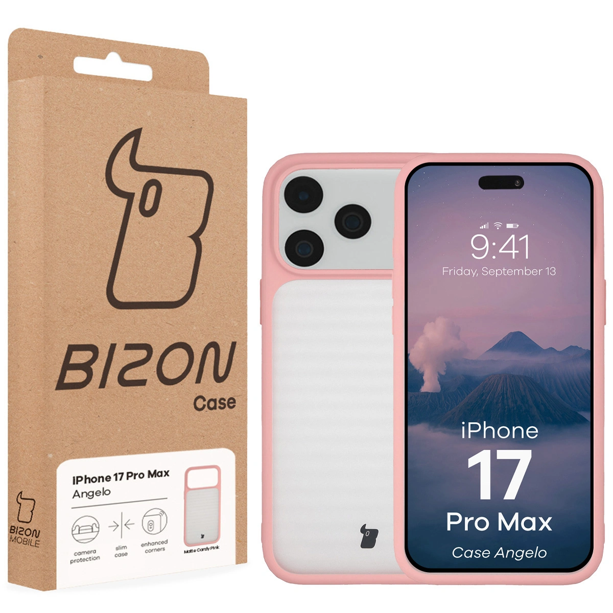 Fața cutiei Bizon Case cu eticheta dedicată pentru Apple iPhone 17 Pro Max