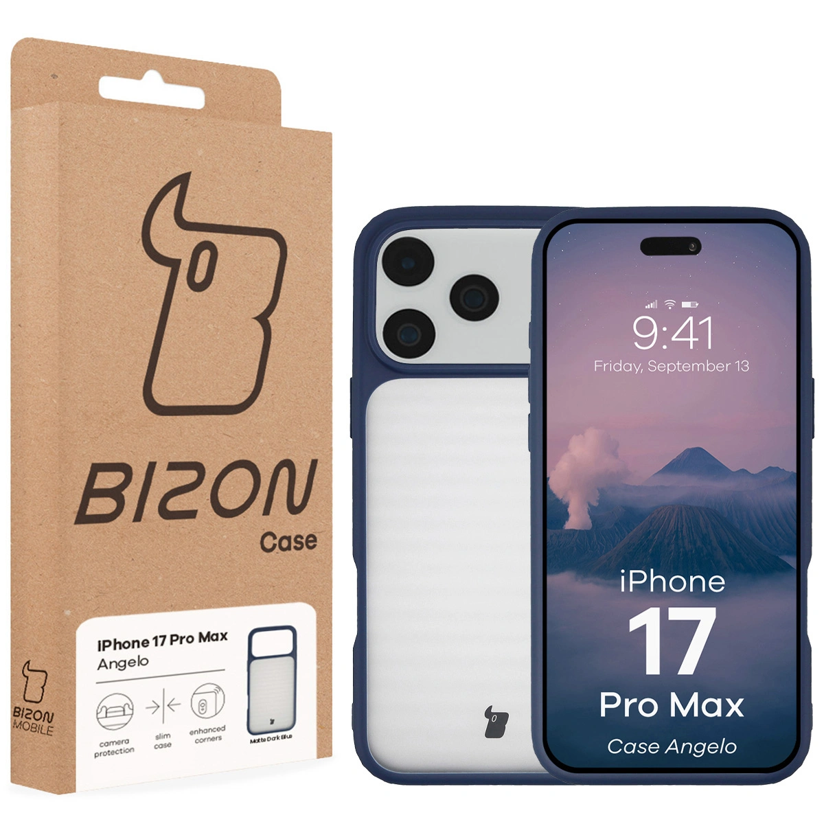 Fața ambalajului Bizon Case cu etichetă dedicată pentru Apple iPhone 17 Pro Max