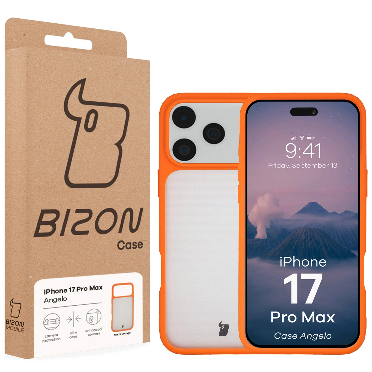 Przód pudełka Bizon Case z dedykowaną etykietą do Apple iPhone 17 Pro Max
