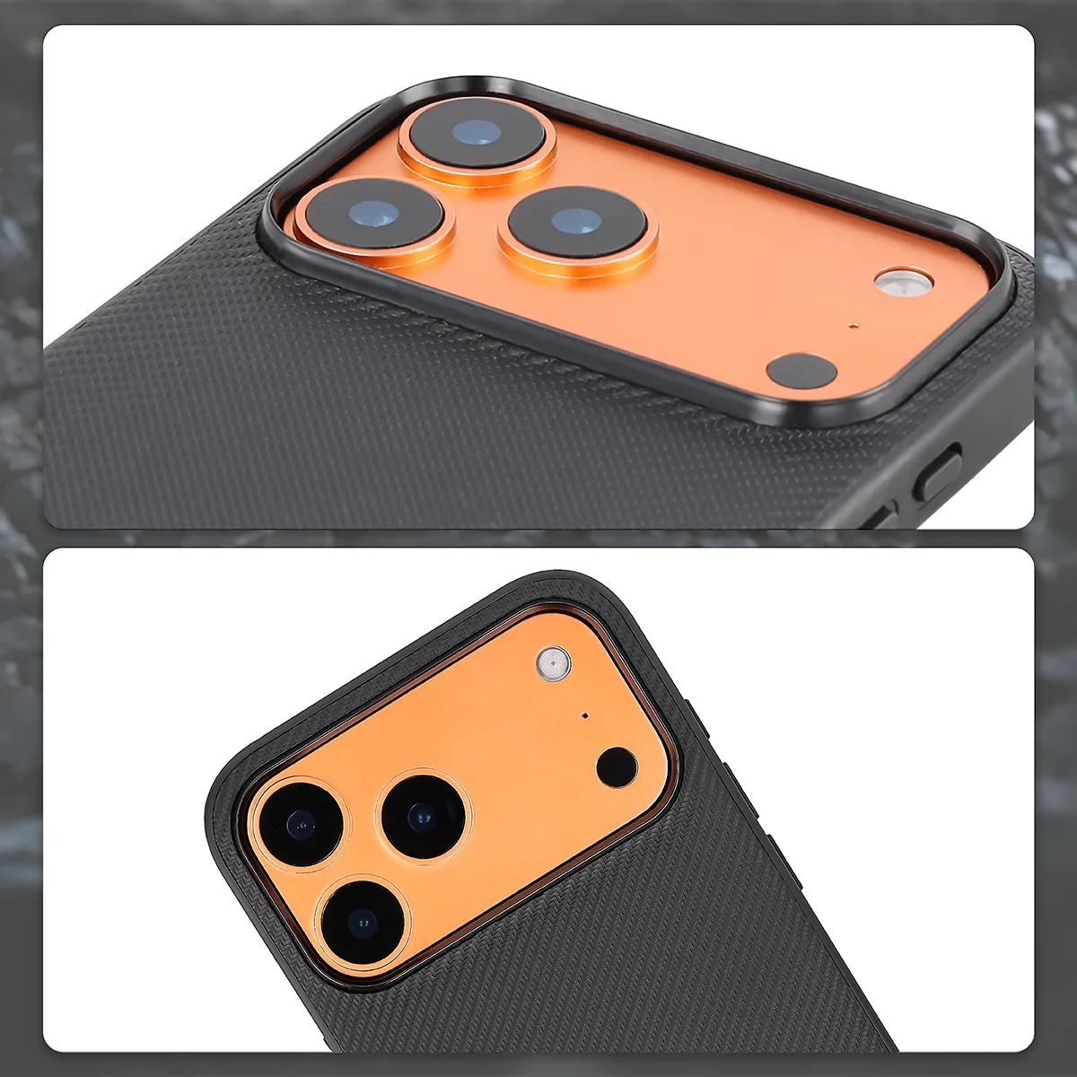 Megemelt kamera szélek és kivágás a kamerához a Bizon Case CarbO tokban az Apple iPhone 17 Pro Max-hoz