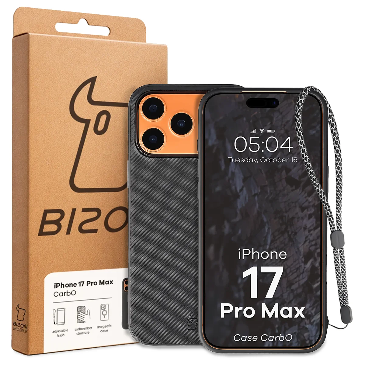 A Bizon Case dobozának eleje a dedikált címkével az Apple iPhone 17 Pro Max-hoz