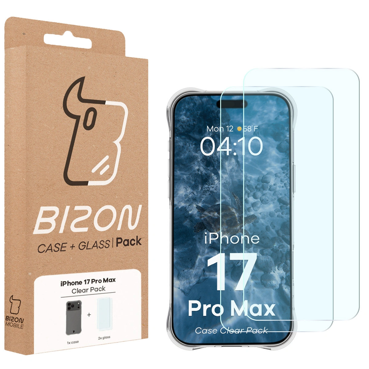 Przód pudełka Bizon Case+Glass z dedykowaną etykietą do Apple iPhone 17 Pro Max