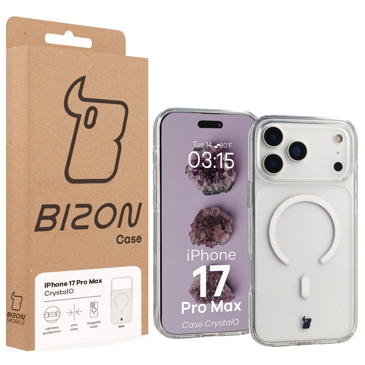 Partea din față a cutiei Bizon Case cu etichetă dedicată pentru Apple iPhone 17 Pro Max