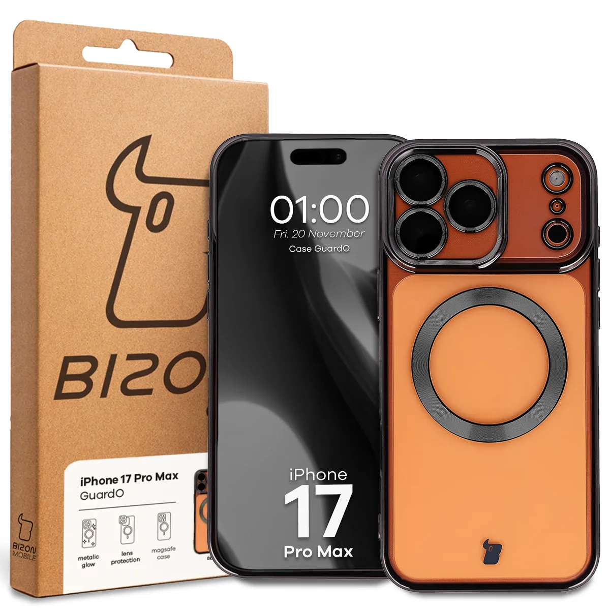 Przód pudełka Bizon Case z dedykowaną etykietą do Apple iPhone 17 Pro Max