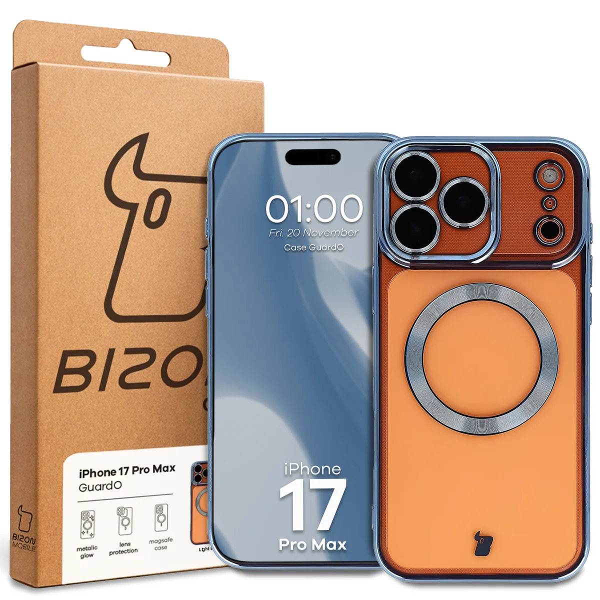 Przód pudełka Bizon Case z dedykowaną etykietą do Apple iPhone 17 Pro Max