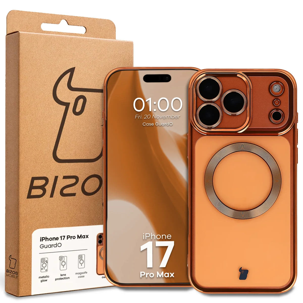 Przód pudełka Bizon Case z dedykowaną etykietą do Apple iPhone 17 Pro Max