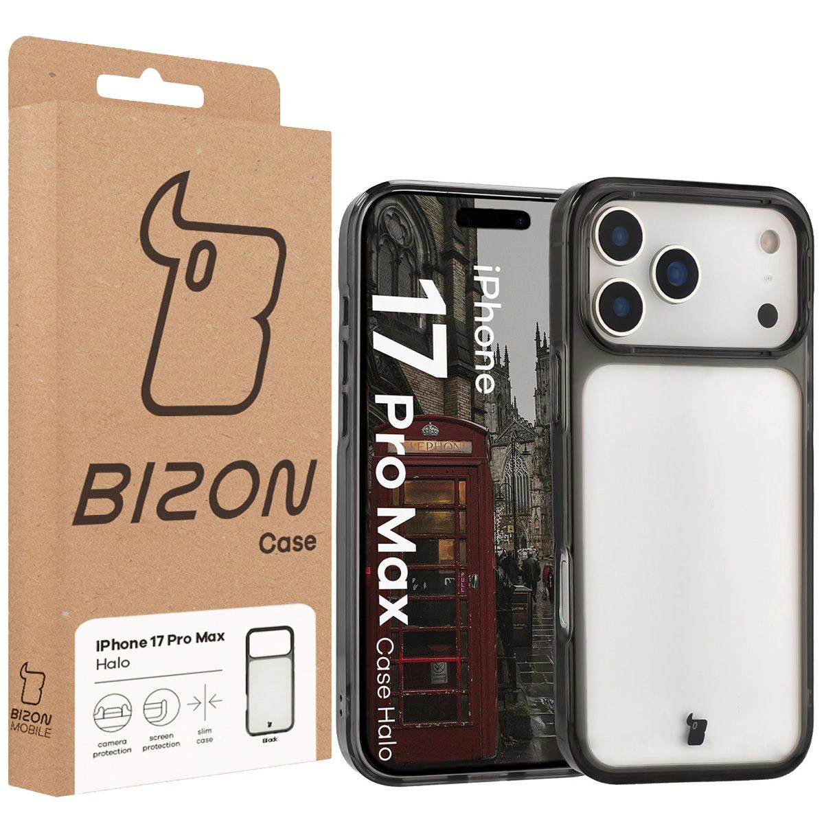 Przód pudełka Bizon Case z dedykowaną etykietą do Apple iPhone 17 Pro Max