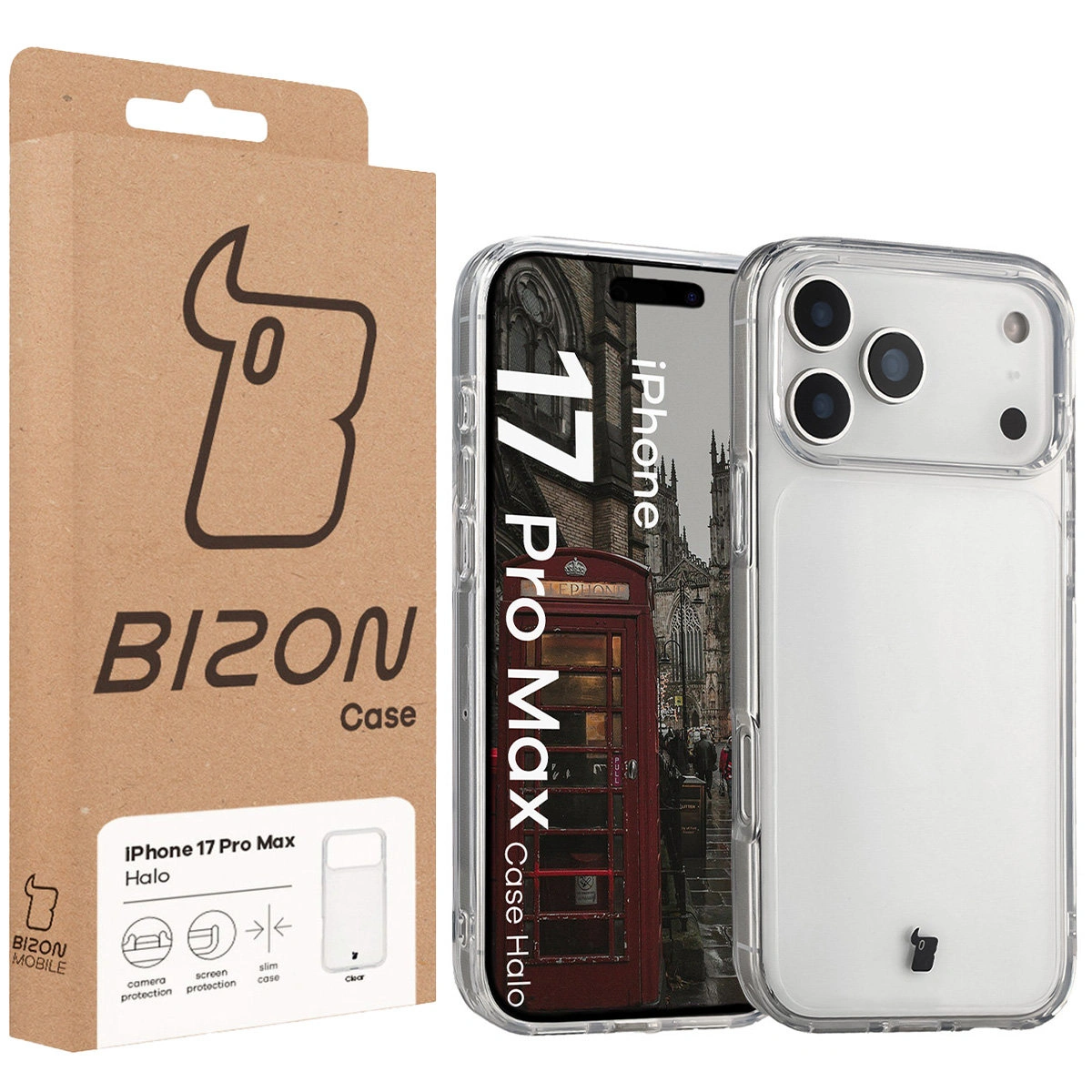 Przód pudełka Bizon Case z dedykowaną etykietą do Apple iPhone 17 Pro Max
