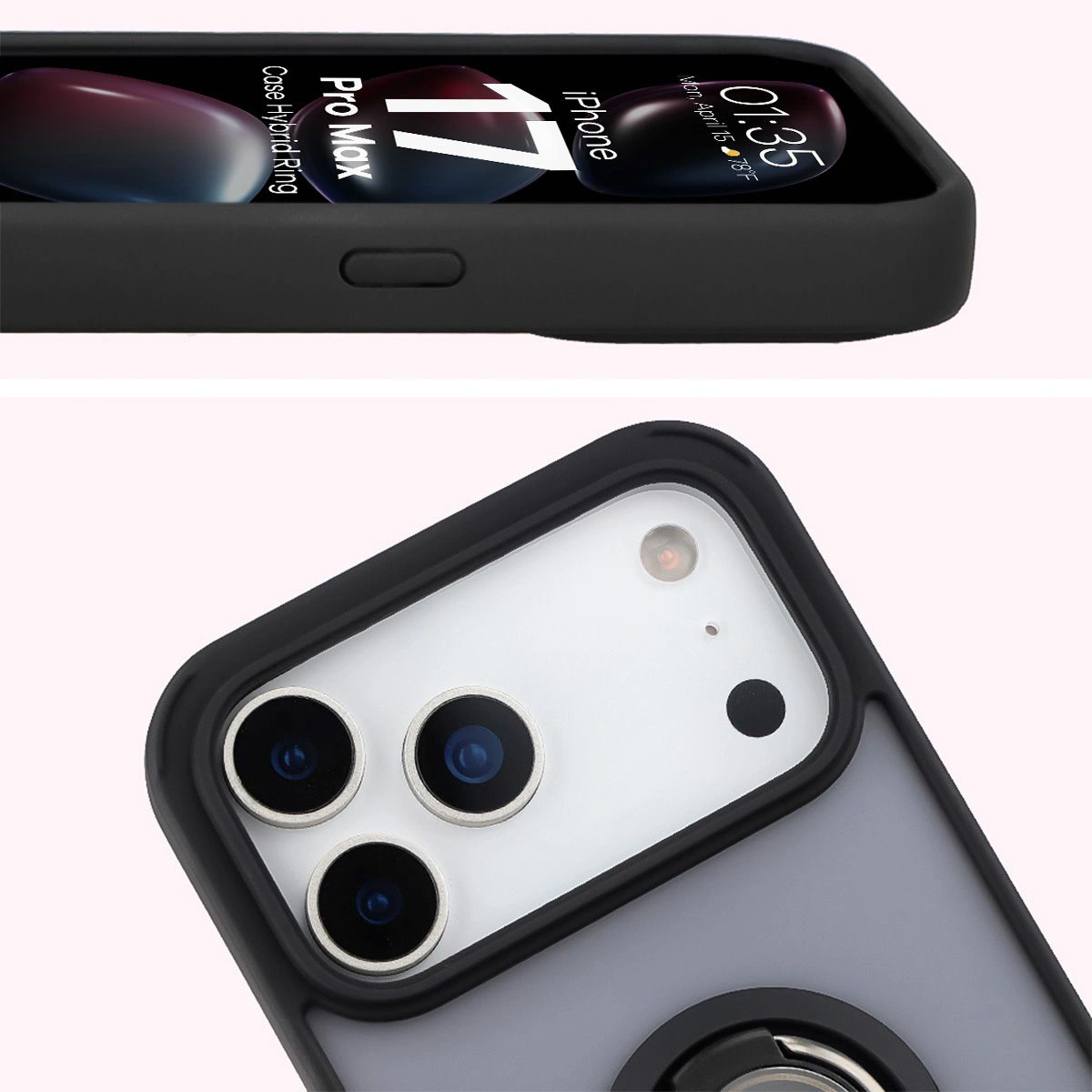 Zbliżenie na podwyższone krawędzie przy wyświetlaczu i wyspie aparatu w etui Bizon Hybrid Ring do Apple iPhone 17 Pro Max